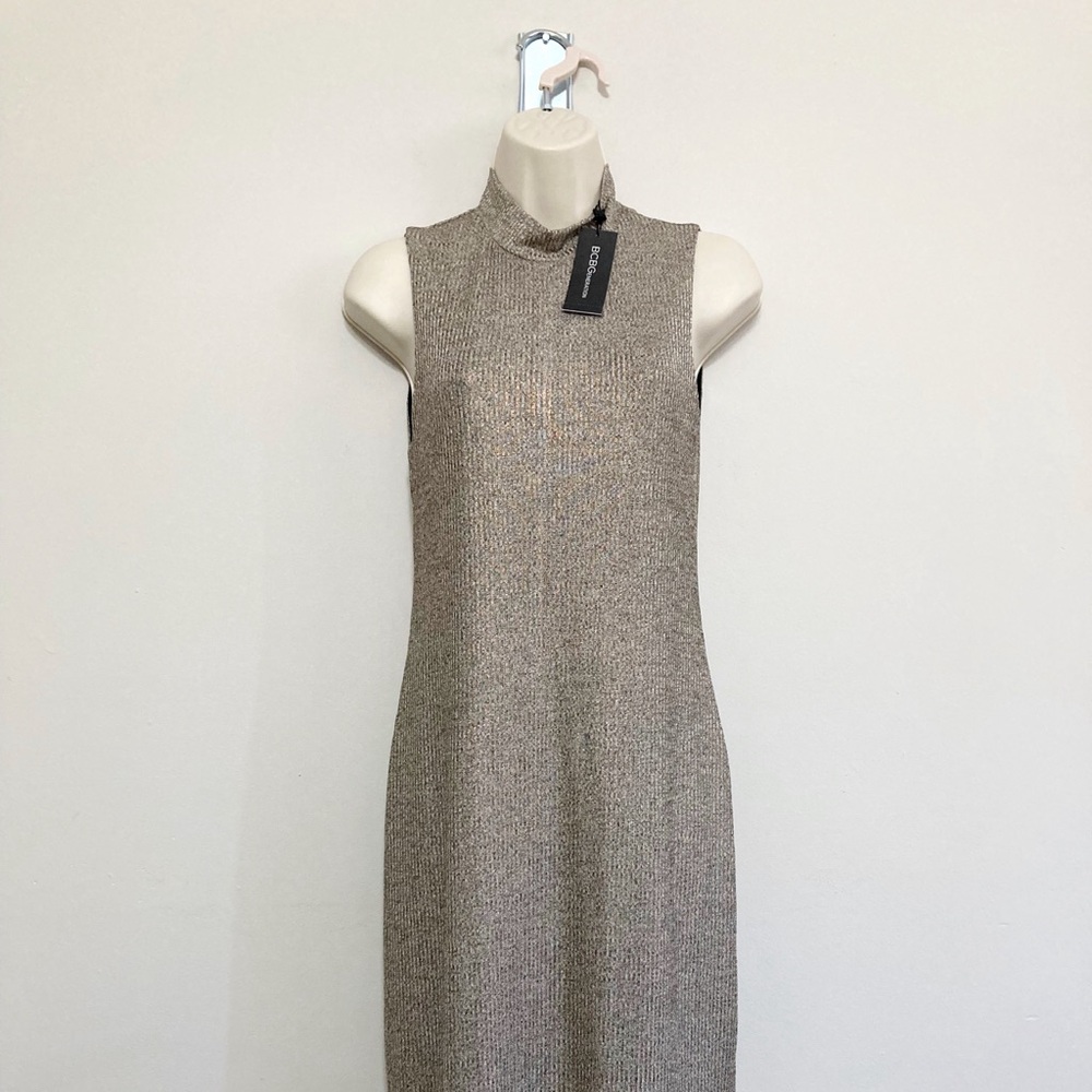 BCBGeneration Sleeveless Gold Maxi Dress, Size S, Shimmer, Bodycon, Slit, Formal